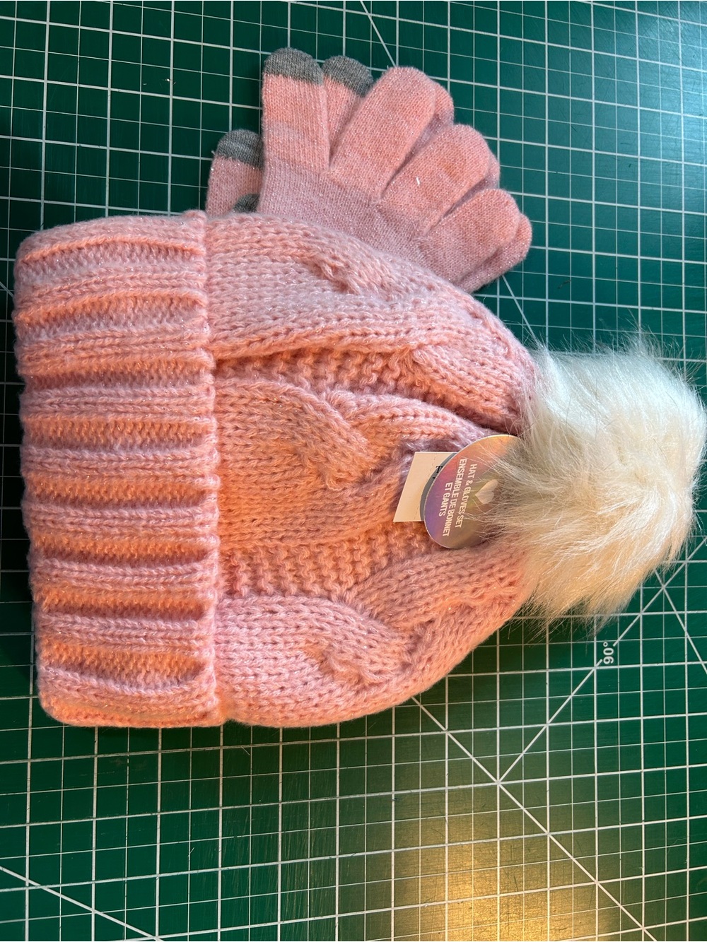 The Children's Place Pink Cable Knit Pom Beanie with Touchscreen Gloves